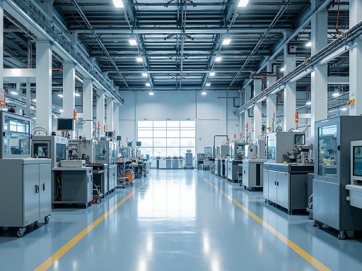 现代化电子工厂车间内部,工人操作精密设备,蓝色工业背景,明亮自然光