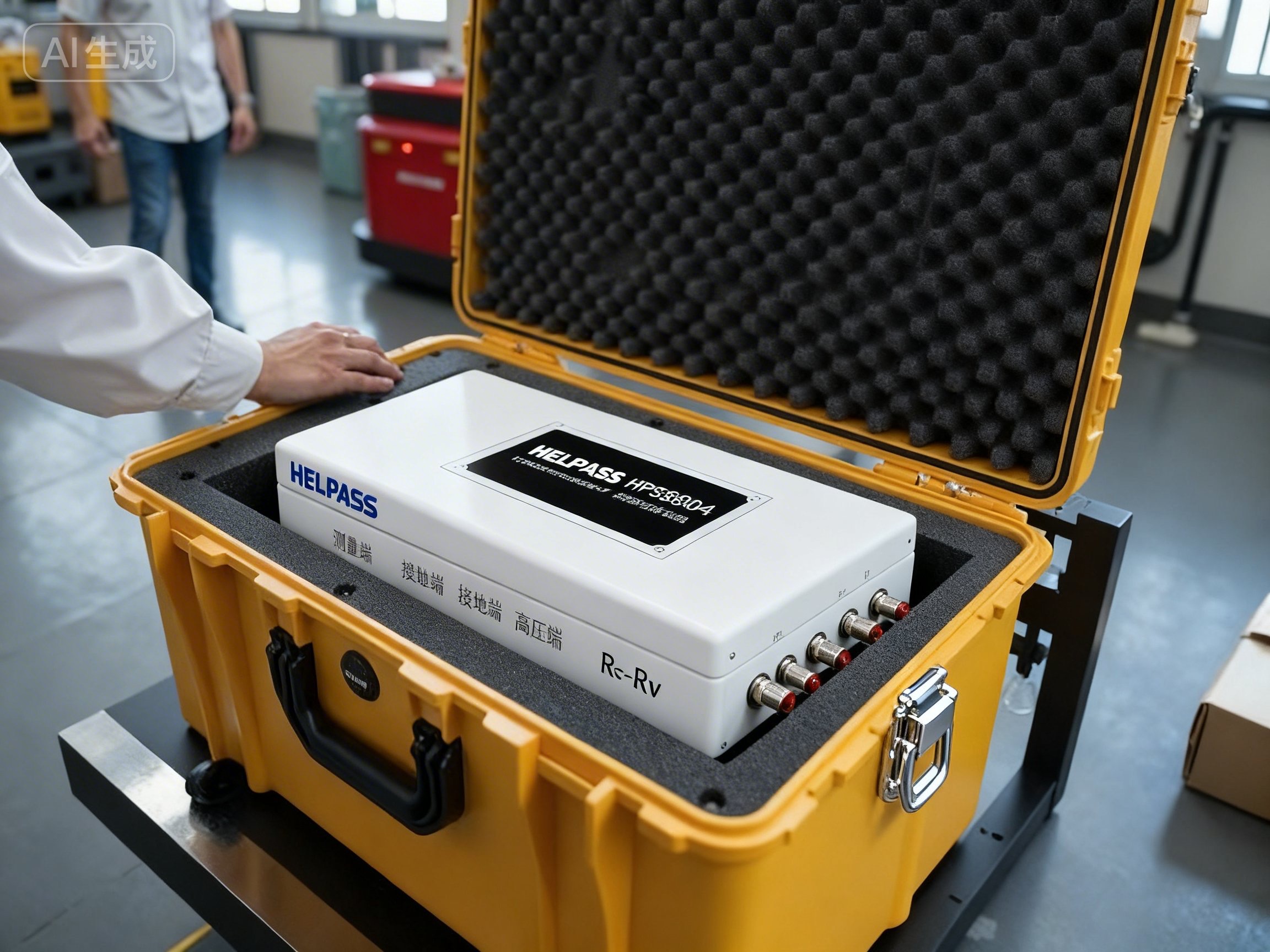 绝缘表面体积电阻率测试仪特写,白色塑料外壳,精密测试夹具,实验室背景