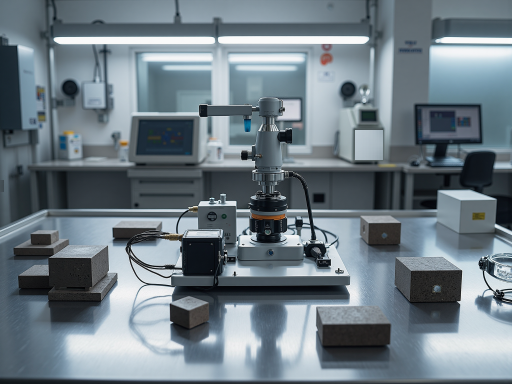 粉末电阻率测试仪特写,不锈钢测试腔体,精密机械结构,实验室环境,明亮自然光