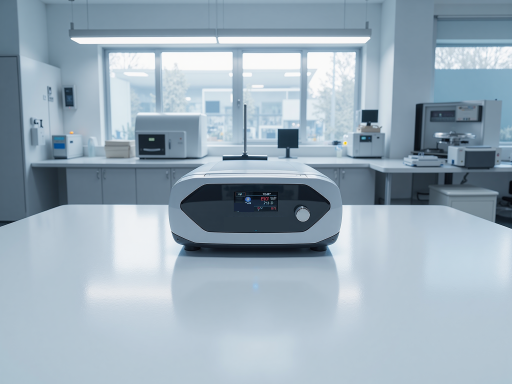 导电类型鉴别仪顶部特写,圆形测试台面,多色指示灯,精密电子设备,实验室背景